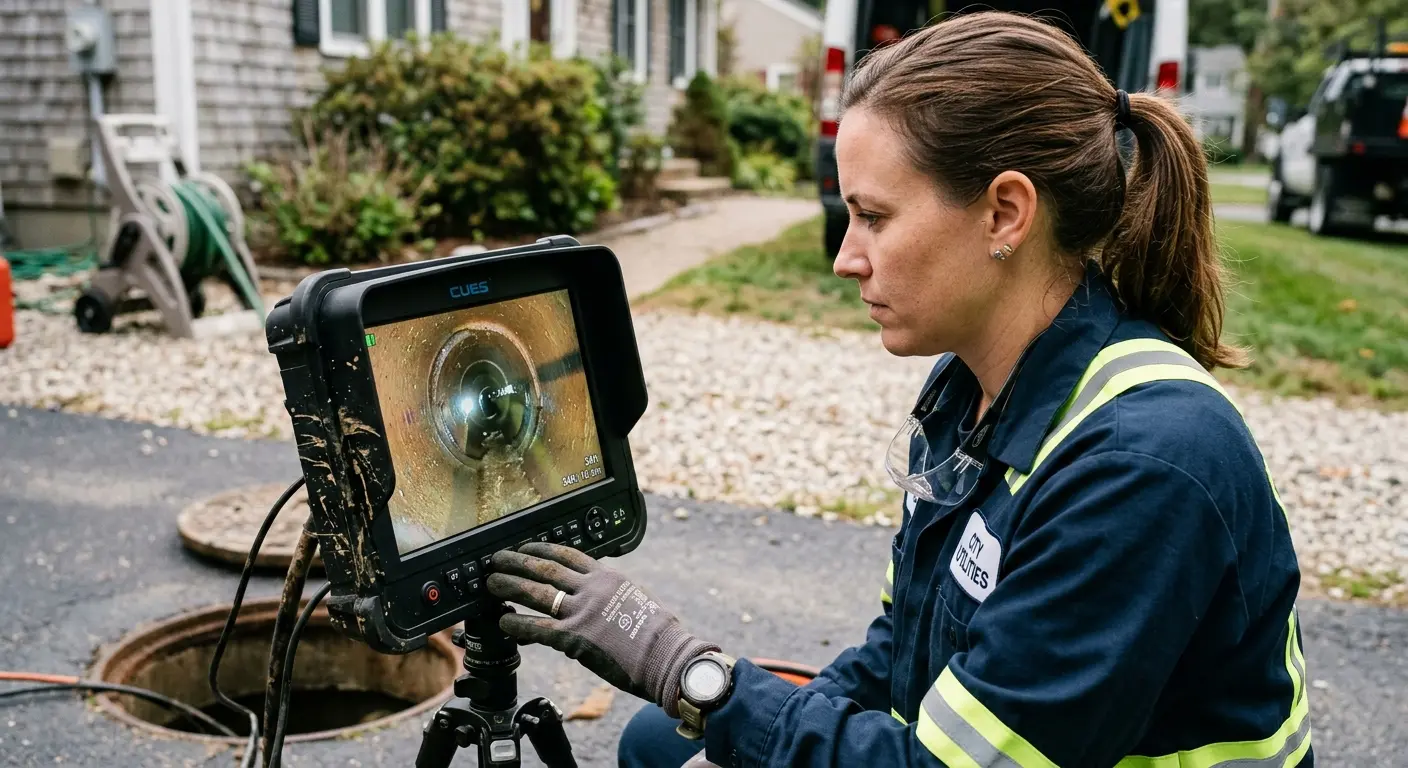 Technician reviewing sewer camera inspection footage in Lorton