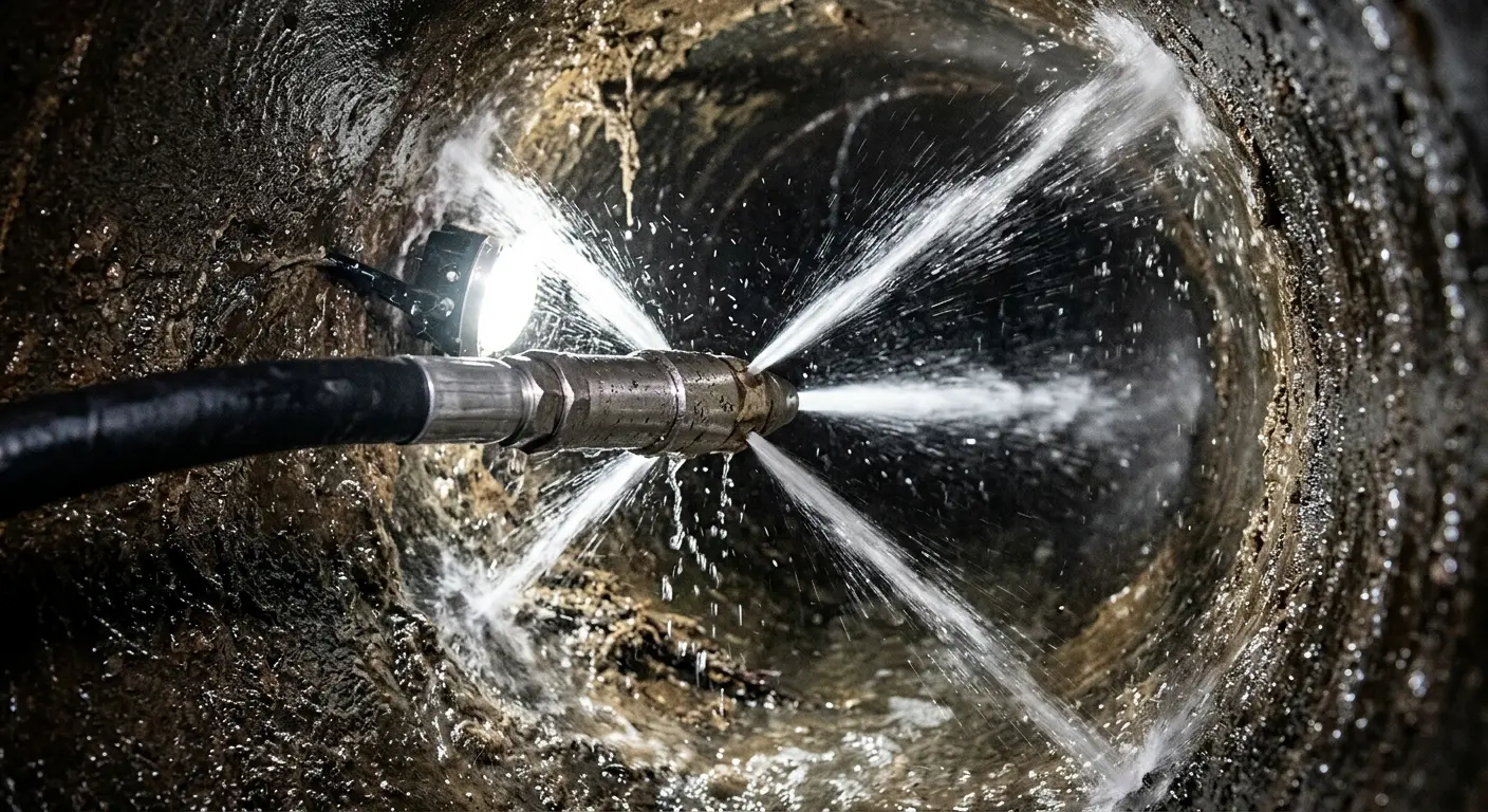 High-pressure hydro jetting nozzle cleaning sewer pipe for Trenchless Sewer Repair in Lorton
