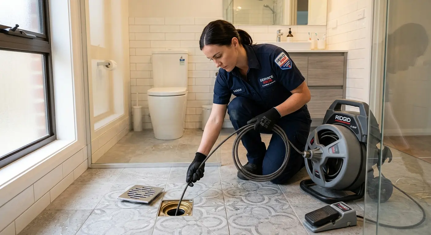 Technician clearing a bathroom floor drain for Clogged Drain Repair in Lorton